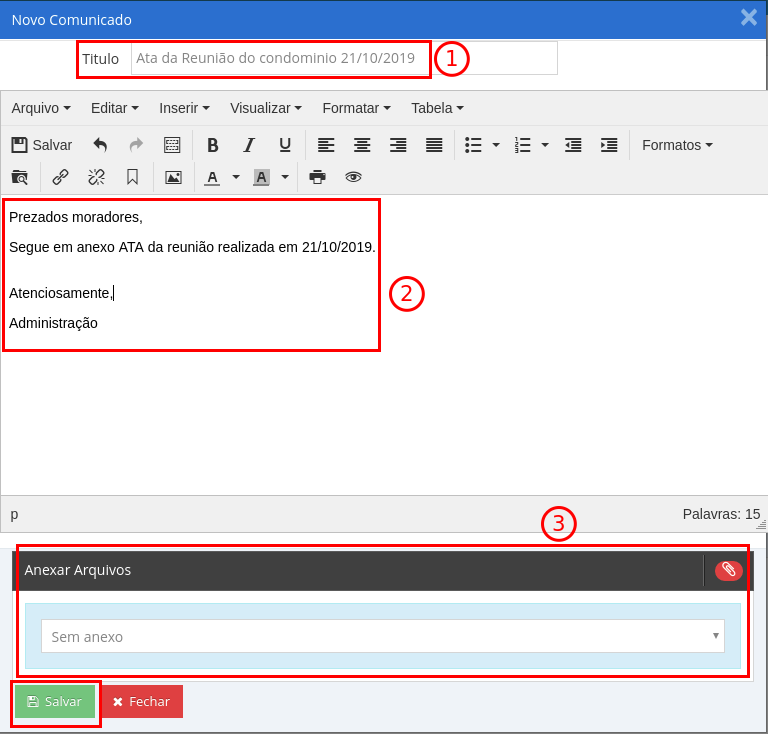 Formulário de criação de um novo comunicado com os campos de Título e Mensagem.
