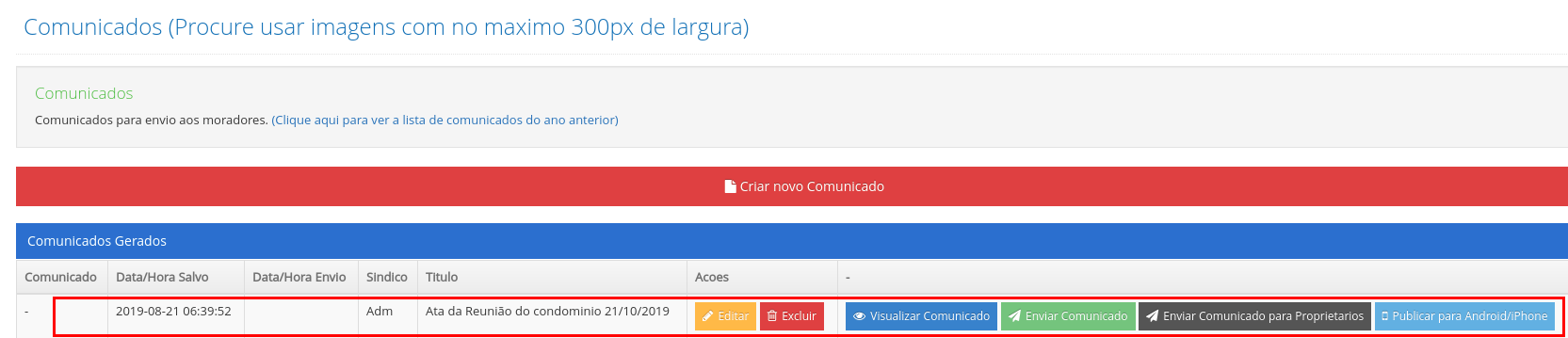 Tela principal mostrando o comunicado recém-criado na lista.