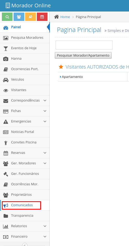 Menu lateral do portal administrativo com a opção 'Comunicados' destacada.