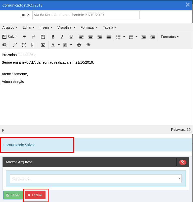 Mensagem de sucesso confirmando que o comunicado foi salvo.