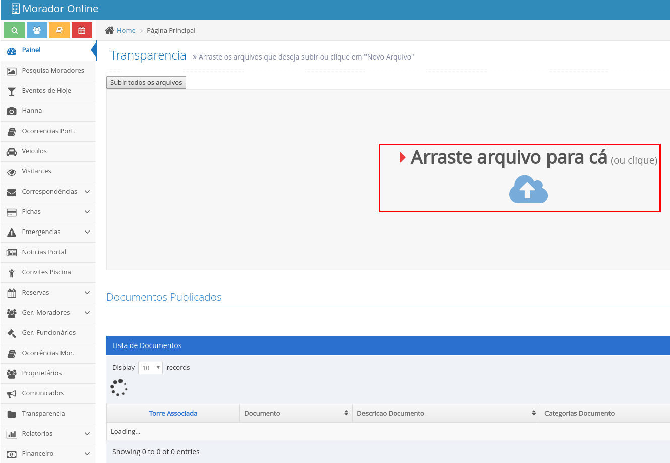 Área de upload de arquivos na seção de Transparência.