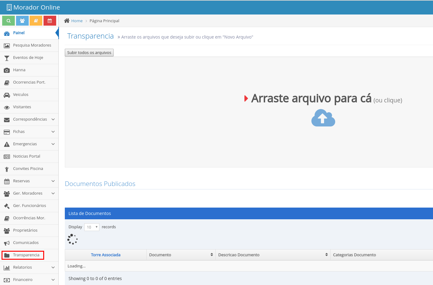Menu lateral do portal administrativo com a opção 'Transparência' destacada.