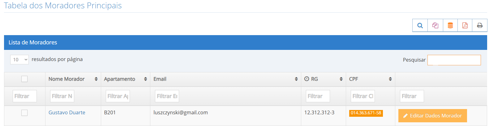 Tela Moradores Principais
