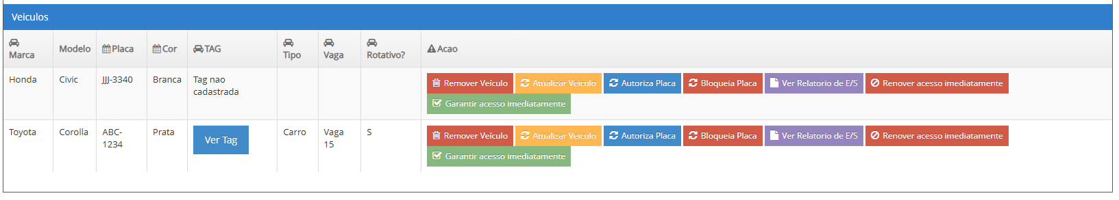 Tela Gestão de Veículos