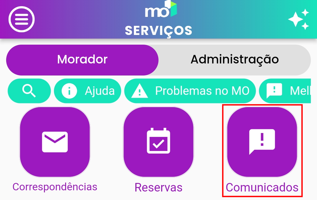 imagem: Tela de Serviços com o ícone de Comunicados destacado.