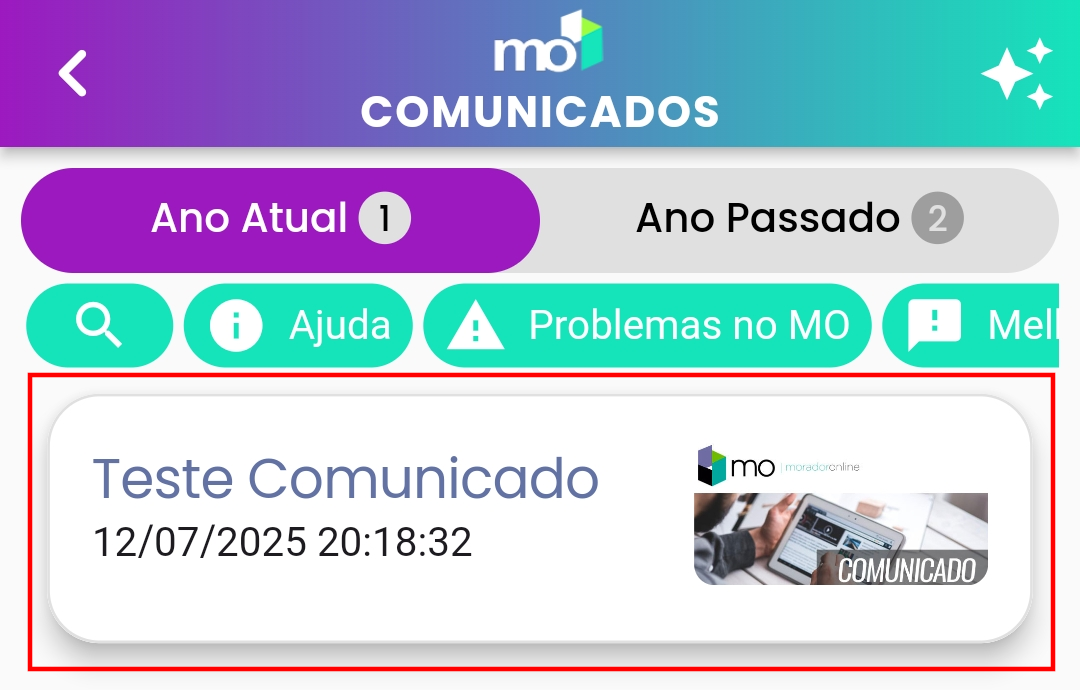 imagem: Tela de listagem de comunicados com um card selecionado.