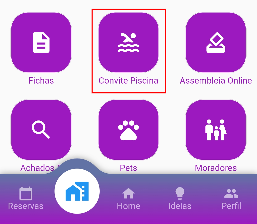 Tela de Serviços destacando o ícone 'Convites Piscina'