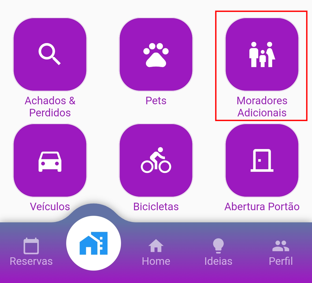 Tela de Serviços destacando o ícone 'Moradores Adicionais' para acesso à funcionalidade.