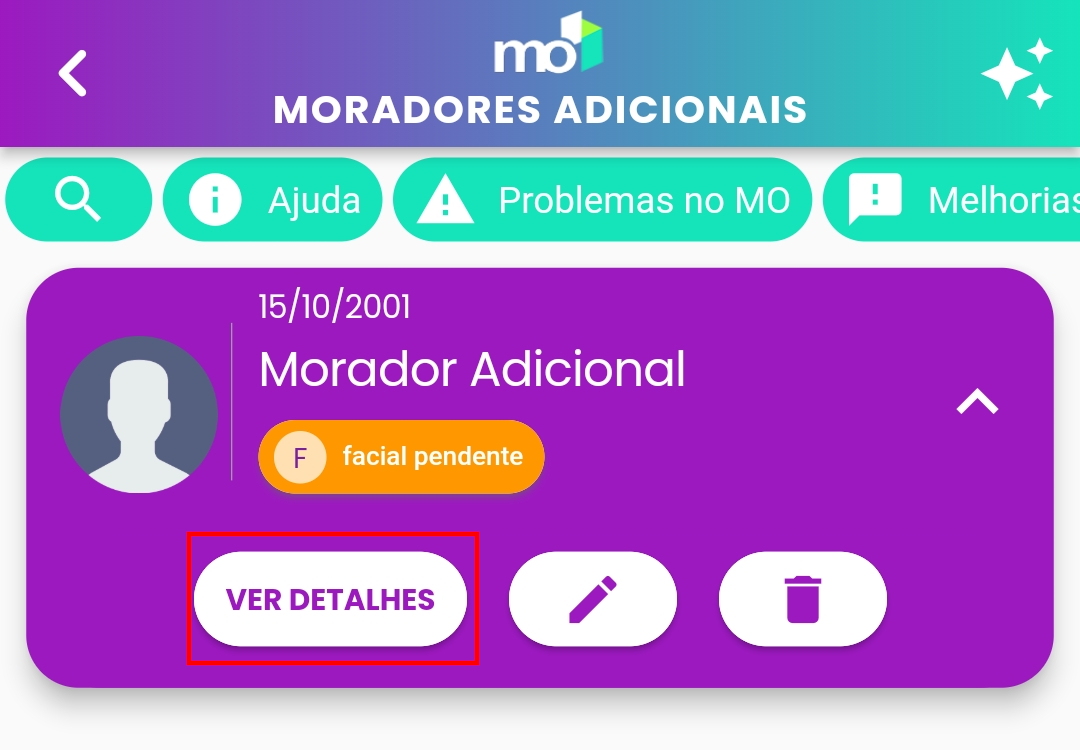 Card de morador adicional expandido com o botão 'Ver Detalhes' em destaque.