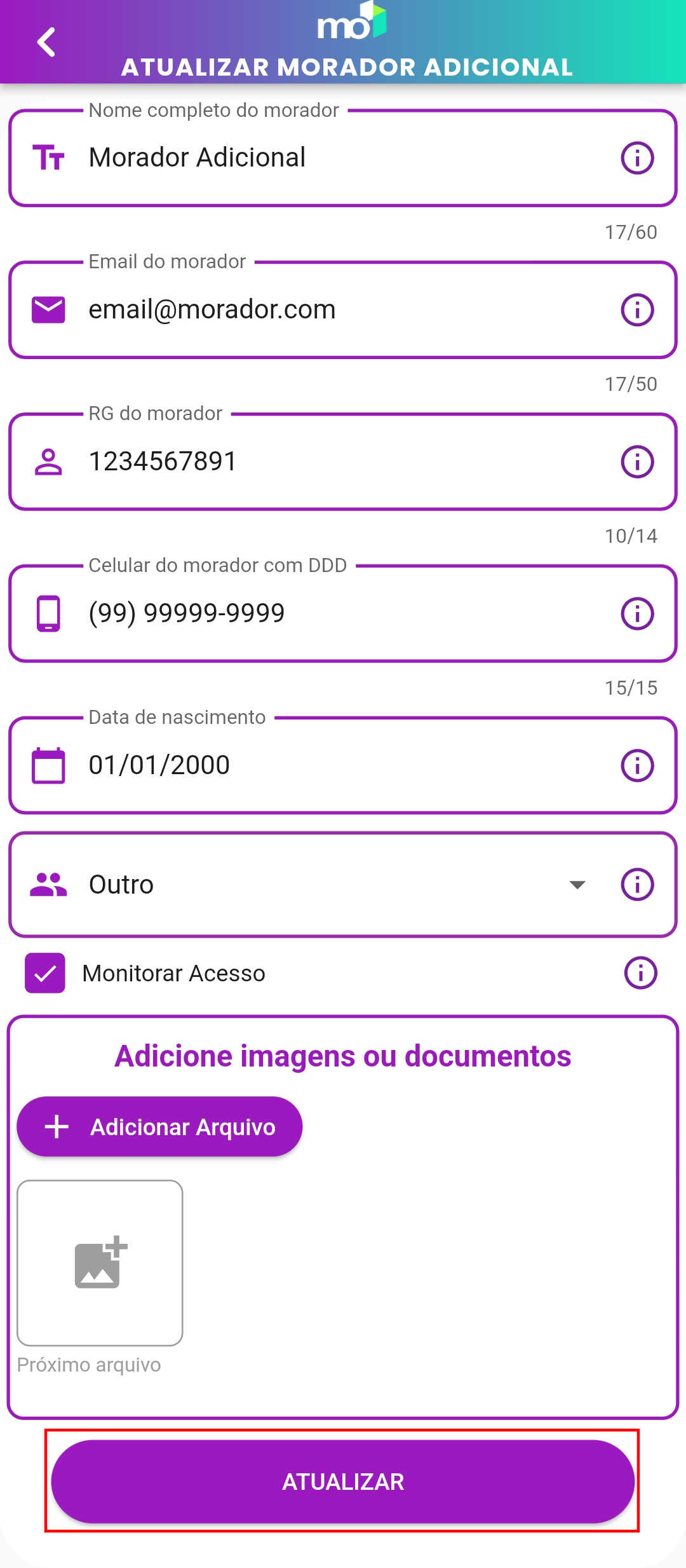 Formulário de edição do morador adicional com os campos preenchidos e o botão 'Atualizar' destacado.