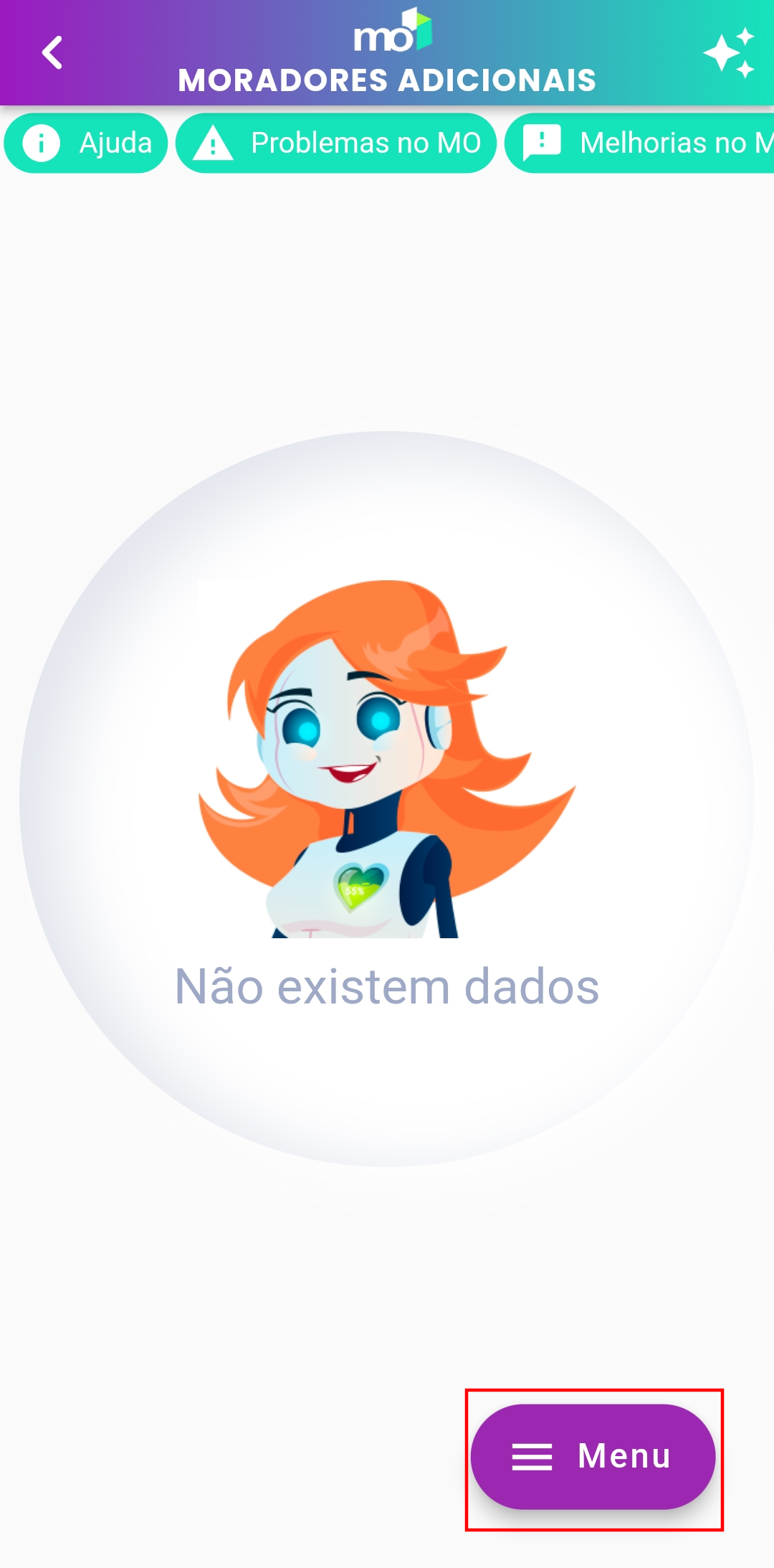 Tela de listagem de moradores adicionais vazia, com o botão para adicionar um novo morador.