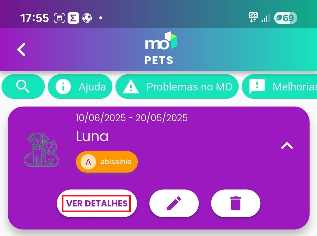 Card de pet expandido com o botão 'Ver Detalhes' em destaque.