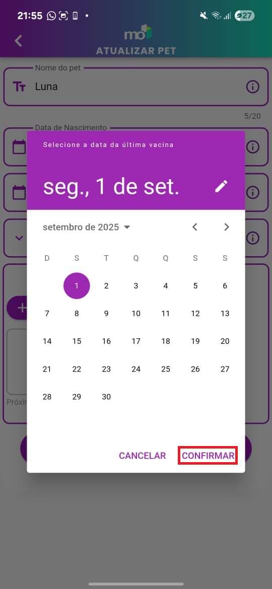 Seletor de data de nascimento aberto no formulário.