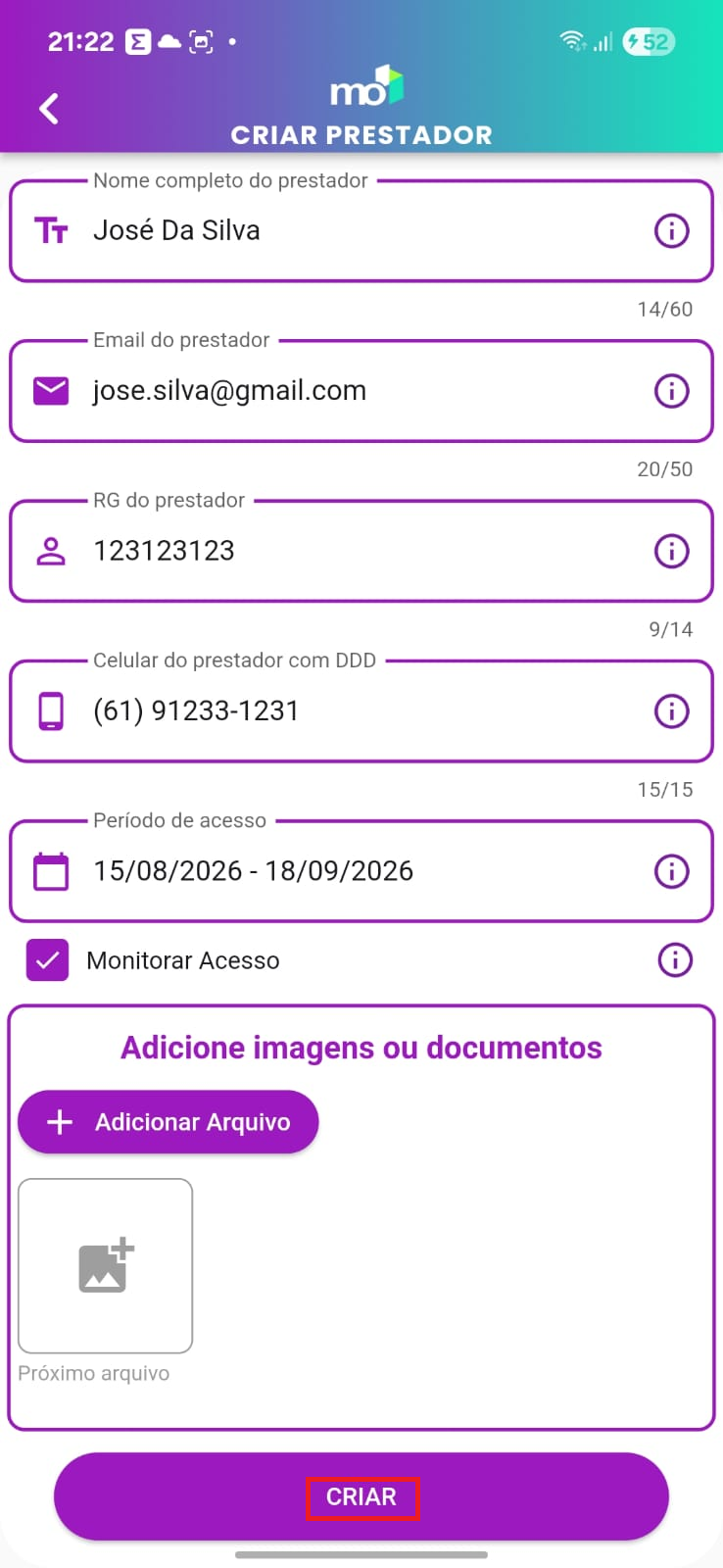 imagem: Botão para criar um novo prestador